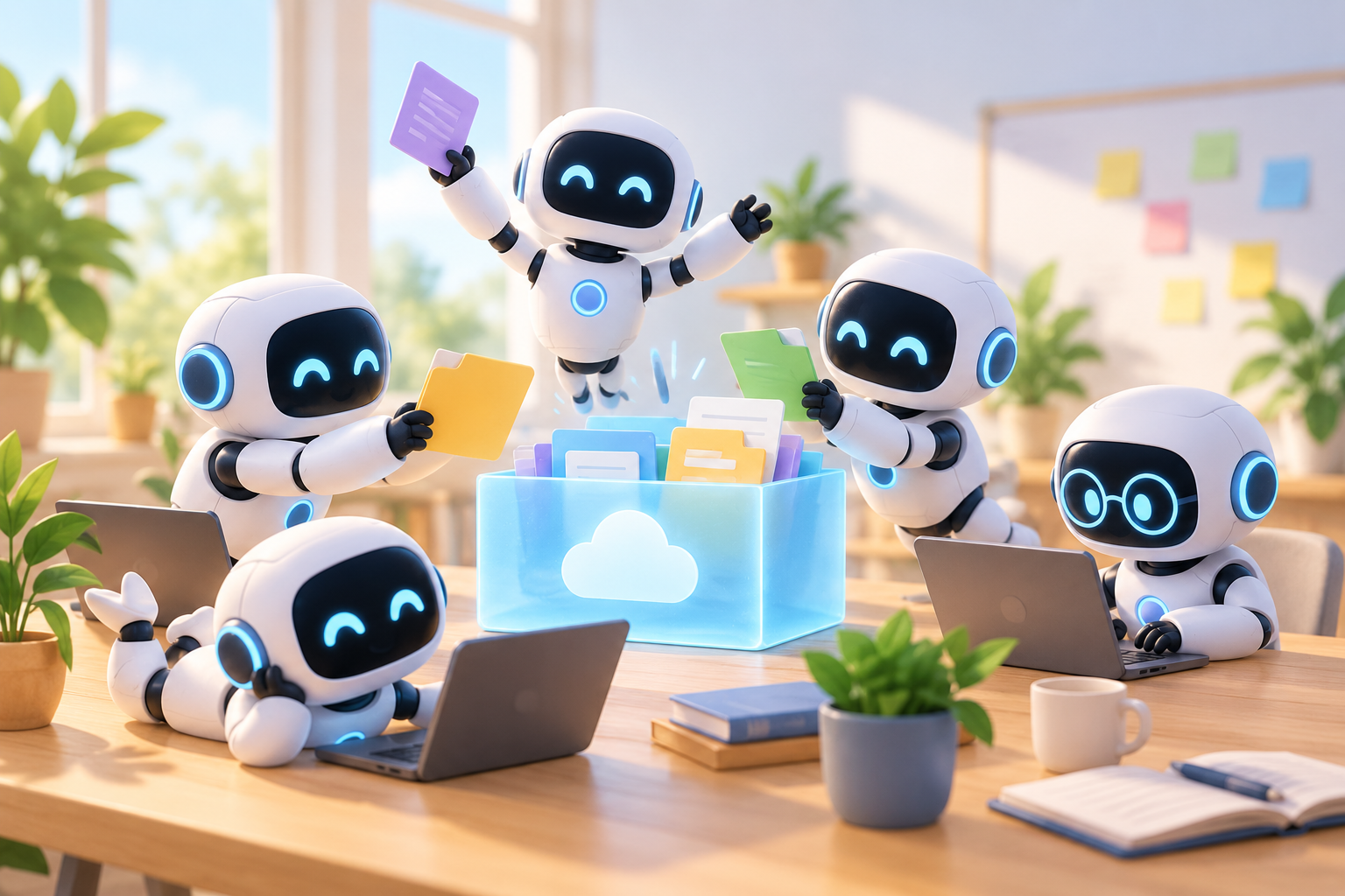 A team of friendly agents collaborating around a shared, encrypted workspace